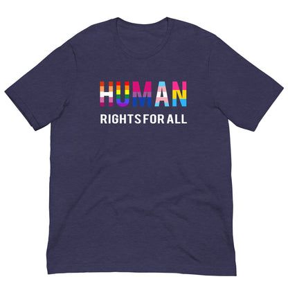 Dark blue T-shirt with “HUMAN RIGHTS FOR ALL” rainbow graphic on the chest