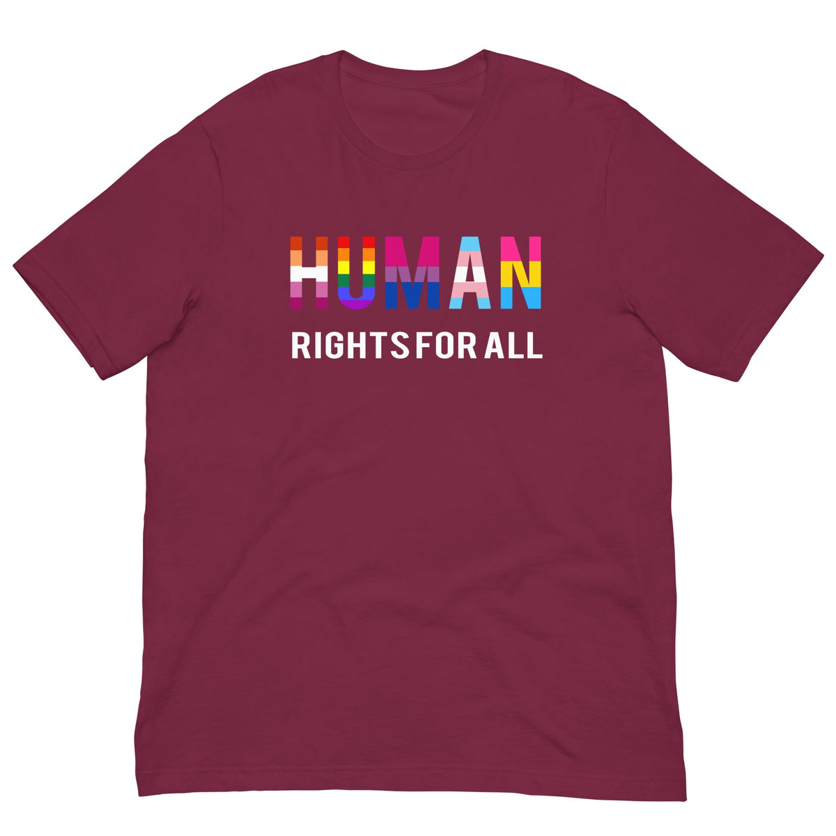 Maroon Human rights T-shirt with 'HUMAN RIGHTS FOR ALL' colorful text logo