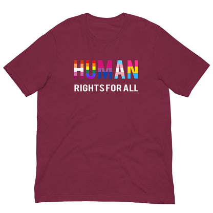 Maroon Human rights T-shirt with 'HUMAN RIGHTS FOR ALL' colorful text logo