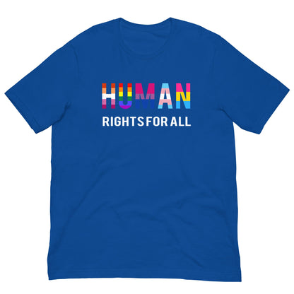 Royal blue T-shirt with 'HUMAN RIGHTS FOR ALL' colorful text graphic
