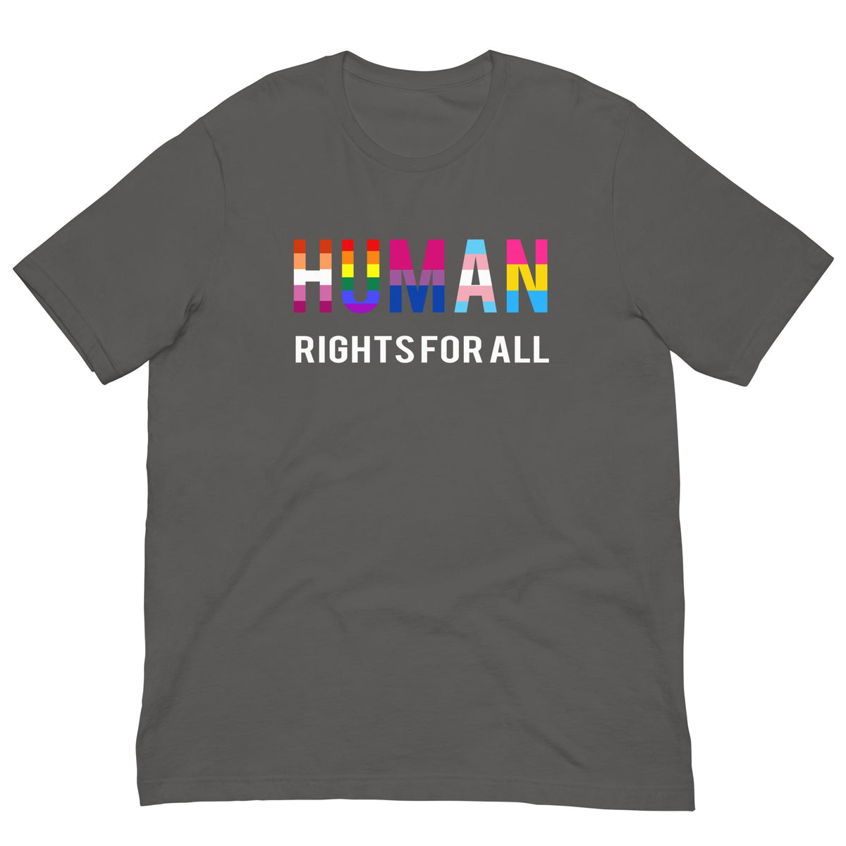 Dark gray T-shirt with 'HUMAN RIGHTS FOR ALL' colorful text graphic