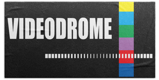 Black beach towel with VIDEODROME lettering and vertical multicolor stripe