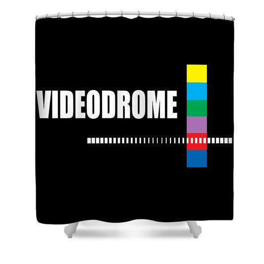 Black shower curtain with Videodrome text and colorful square graphic