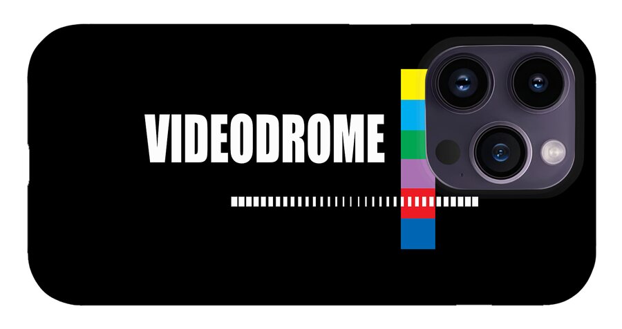 Black phone case with VIDEODROME text, rainbow bars, quad camera cutout.