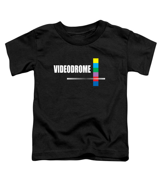 Toddler T-shirt in black with Videodrome logo and multicolor block cross graphic.