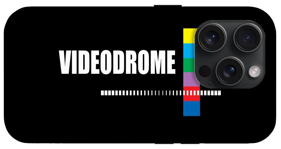 Phone case with “VIDEODROME” text, multicolor stripe, and quad camera cutout with flash