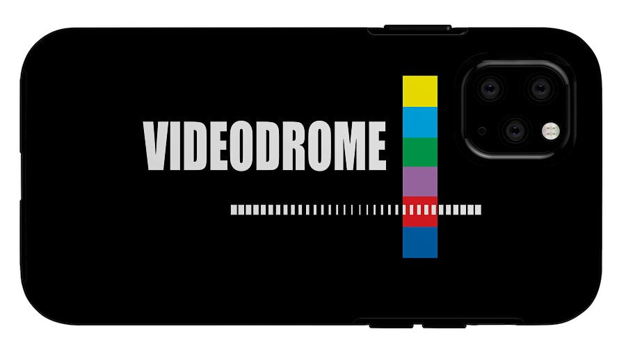 Black phone case with VIDEODROME text, dotted stripe line, and multicolor vertical bar; multiple camera cutouts.
