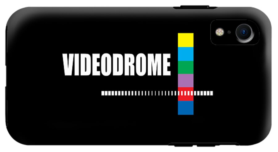 Black phone case with VIDEODROME text, rainbow vertical bar, barcode stripe; camera and flash cutout.