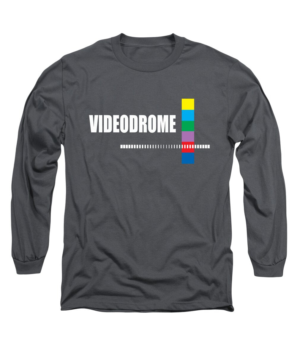 Charcoal gray long sleeve t-shirt with colorful barcode-style logo graphic on chest