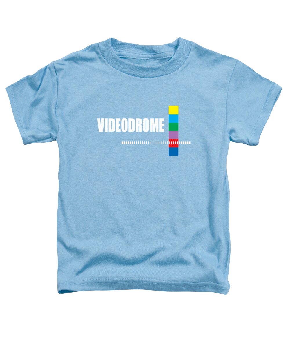 Toddler T-shirt in light blue with Videodrome logo and multicolor block cross graphic.