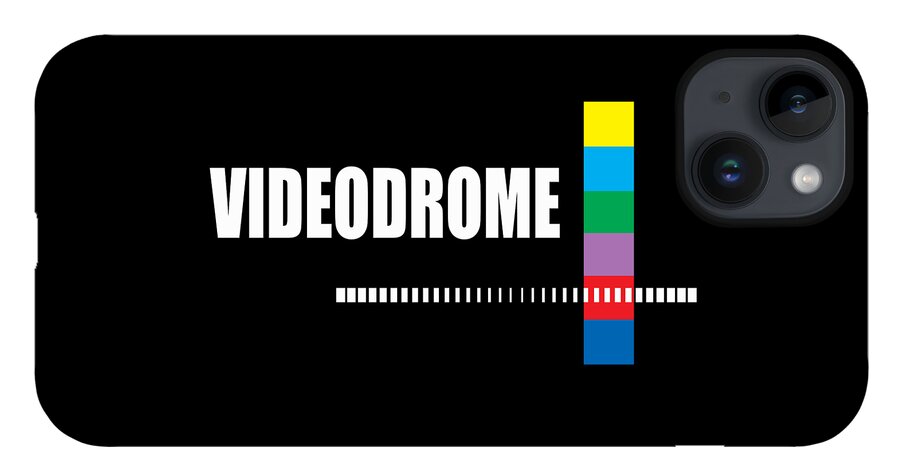 Black phone case with VIDEODROME text, rainbow bars, triple camera cutout.