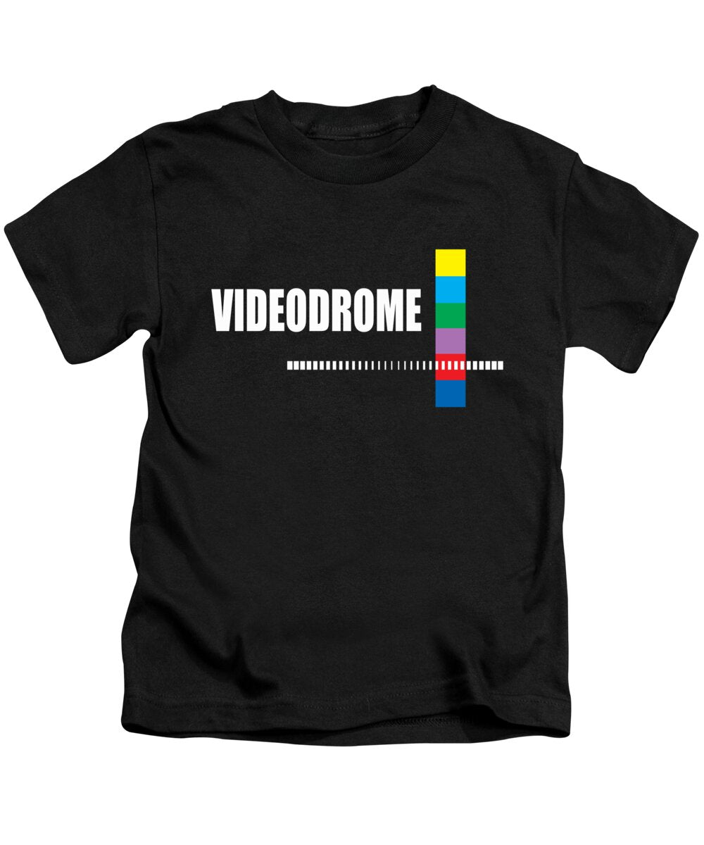 Kids black T-shirt with “VIDEODROME” text and multicolor barcode-style graphic