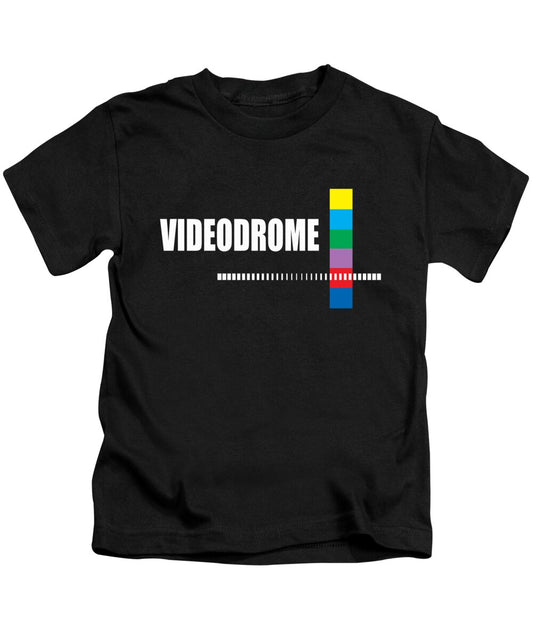 Kids black T-shirt with “VIDEODROME” text and multicolor barcode-style graphic