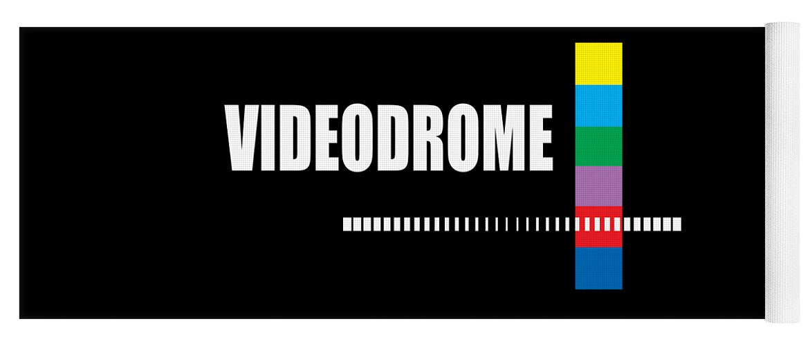 Black Videodrome yoga mat with logo and color bar graphic