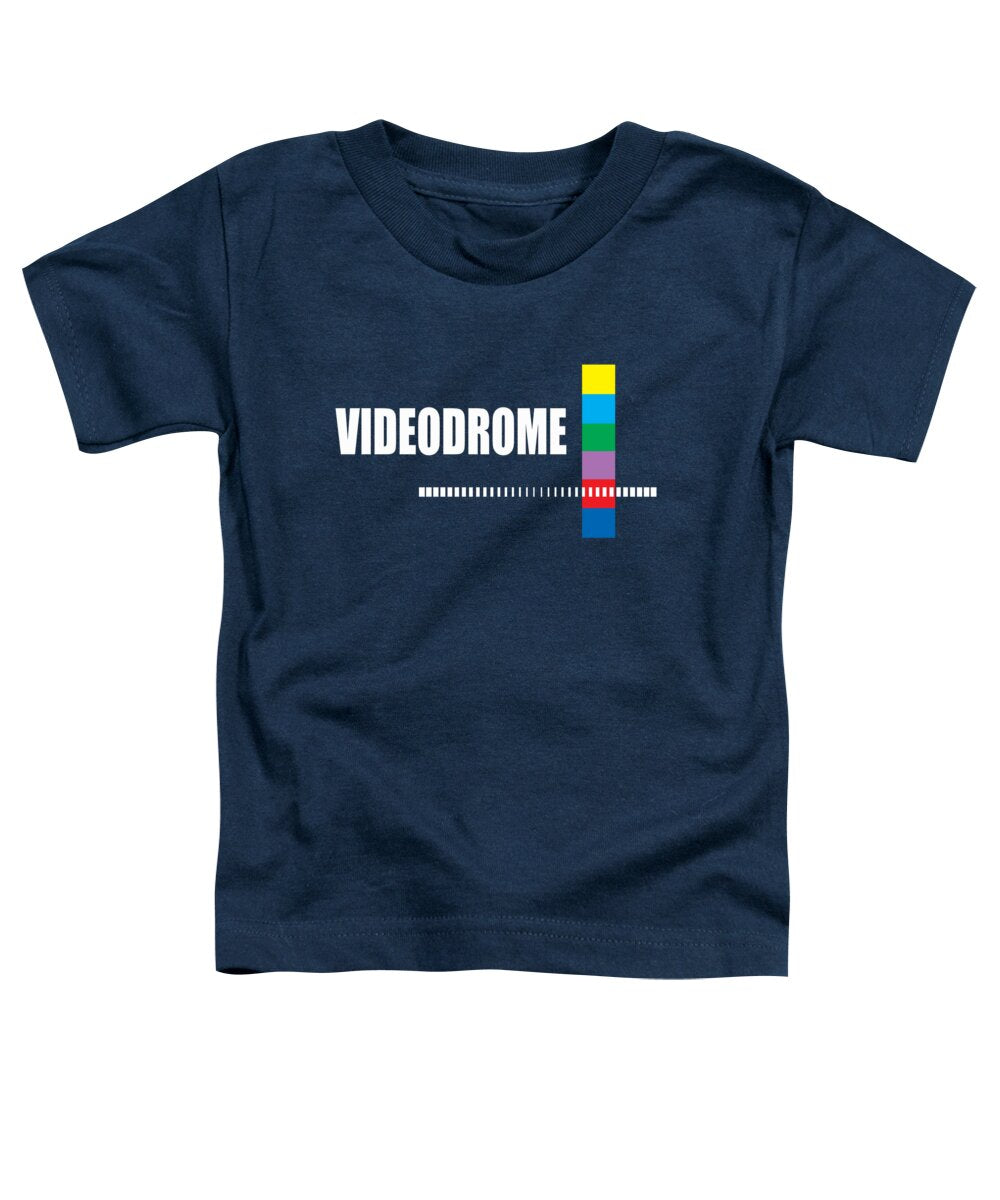 Toddler T-shirt in navy with Videodrome logo and multicolor block cross graphic.