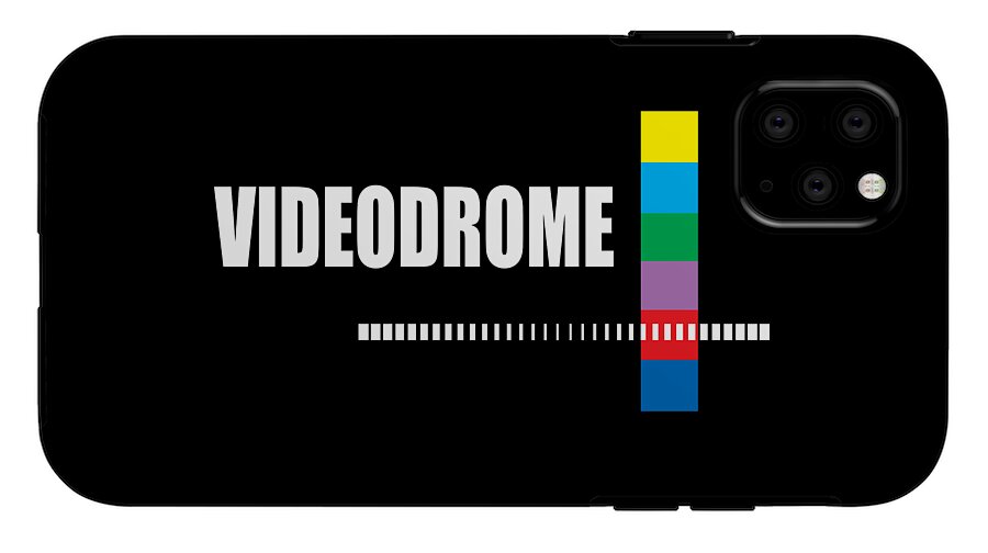 Black phone case with VIDEODROME text, dotted stripe line, and multicolor vertical bar; camera lens openings.