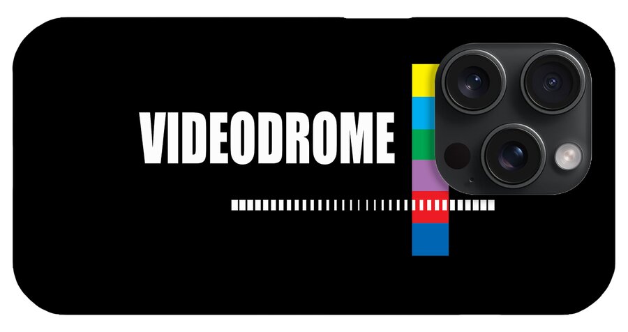 Phone case with “VIDEODROME” text, multicolor stripe, and quad camera cutout