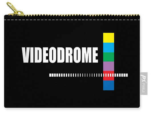 Zip pouch with gold zipper and Videodrome logo, black fabric, multicolor bar graphic