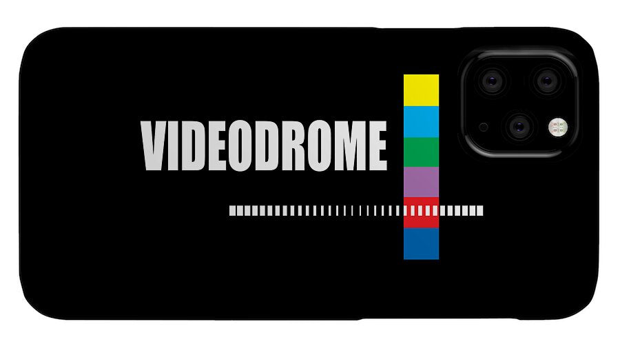 Black phone case with VIDEODROME text and multicolor vertical bar; dotted stripe line; camera openings.