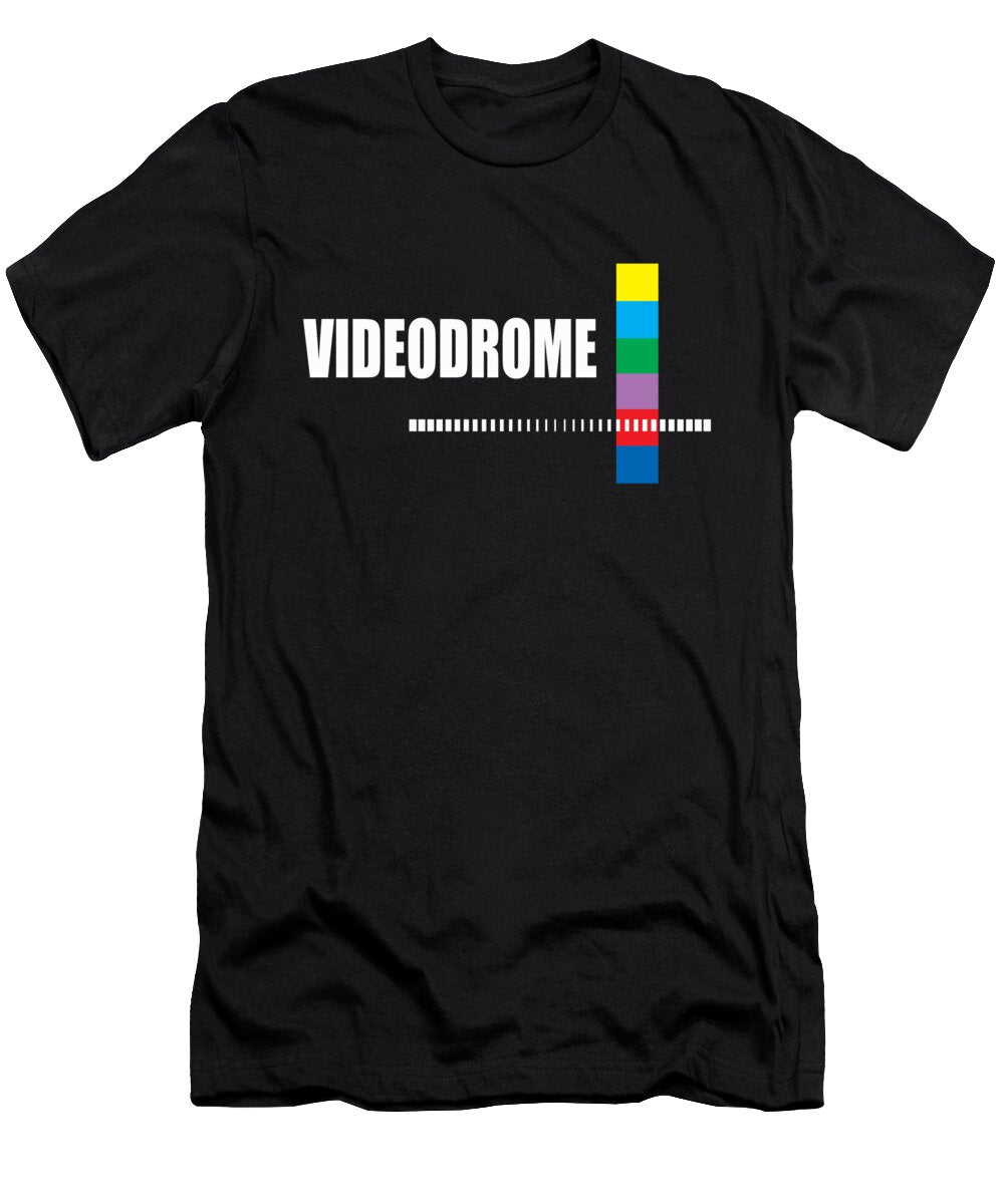 Black graphic T-shirt with multicolor TV test pattern print at chest