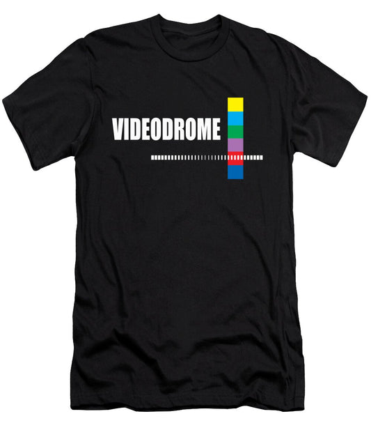 Black graphic T-shirt with multicolor TV test pattern print at chest