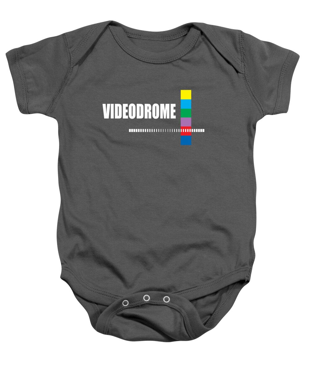 Charcoal baby onesie with Videodrome graphic front and snap bottom