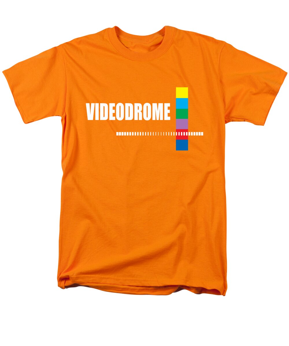 Men's orange T-shirt with front Videodrome graphic and multicolor bar emblem