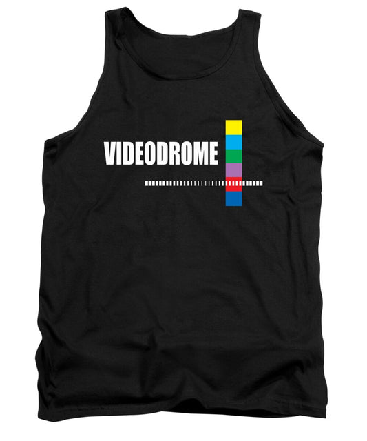 Black scoop-neck tank top with multicolor barcode-style graphic print