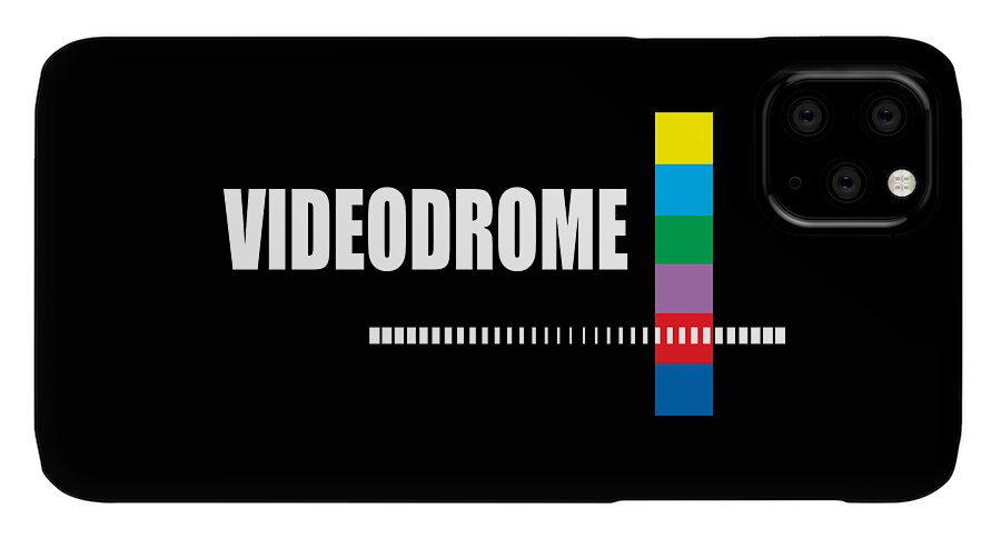 Black phone case with VIDEODROME text and multicolor vertical bar; dotted stripe line; camera openings.
