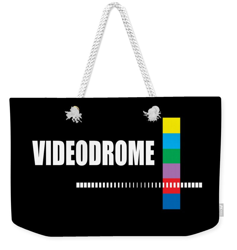 Weekender tote bag with Videodrome graphic, white rope handles, black fabric