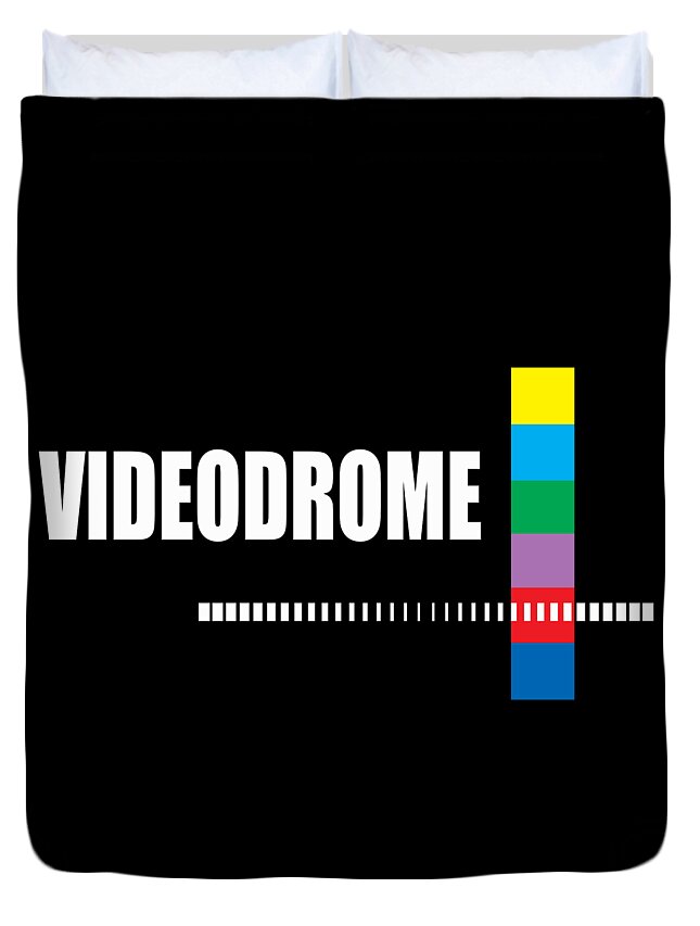 Black duvet cover with VIDEODROME text, pixel line, and vertical multicolor bars