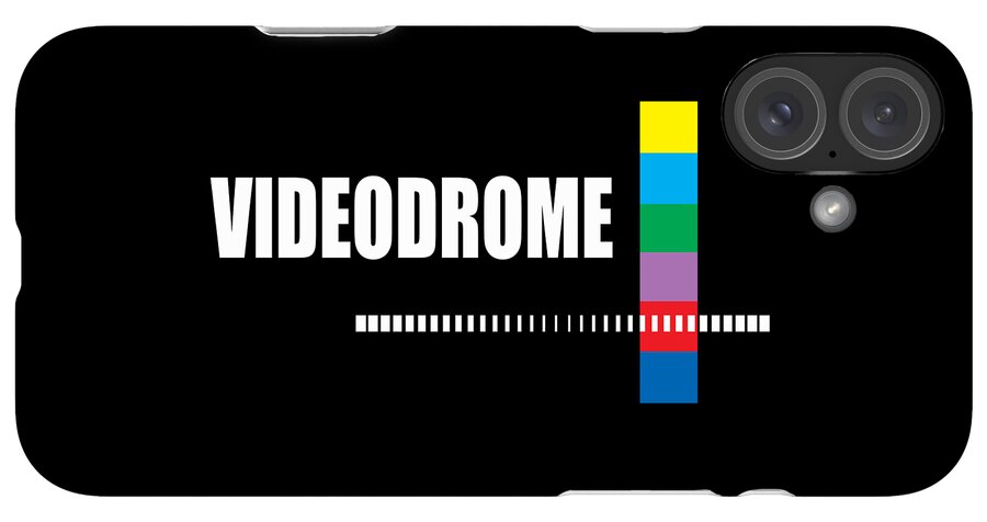 Black phone case with VIDEODROME text, rainbow vertical bar and barcode stripe; triple-lens camera area.