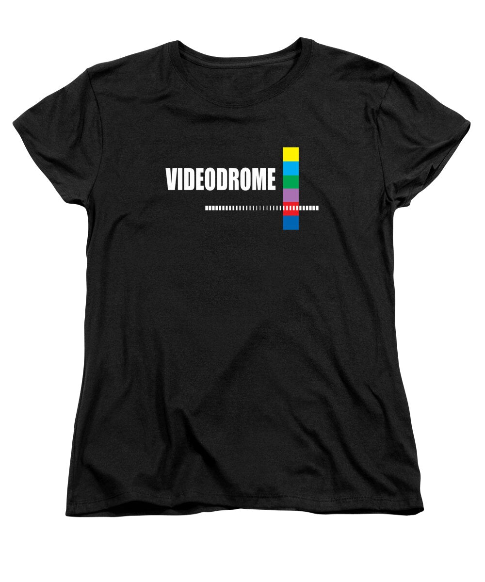 Women's black standard-fit T-shirt with front VIDEODROME logo graphic