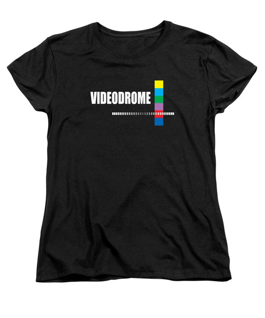 Women's black standard-fit T-shirt with front VIDEODROME logo graphic