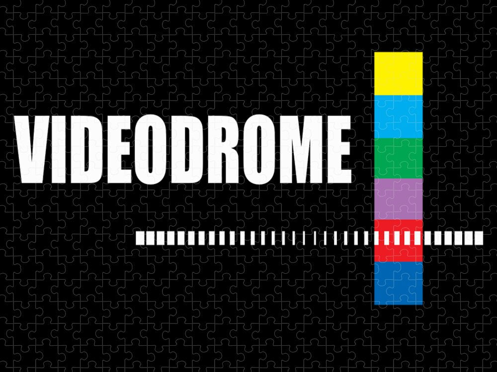 Jigsaw puzzle with “VIDEODROME” lettering, barcode stripe, and a vertical stacked color column