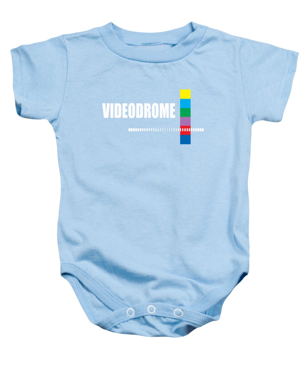 Light blue baby onesie with Videodrome graphic front and snap bottom