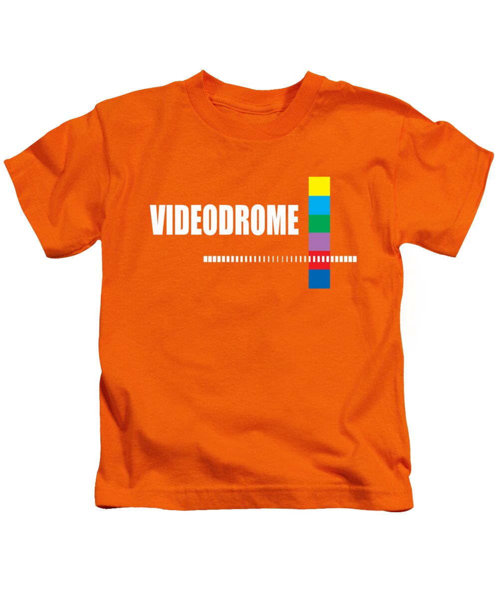 Kids bright orange T-shirt with “VIDEODROME” text and multicolor barcode-style graphic