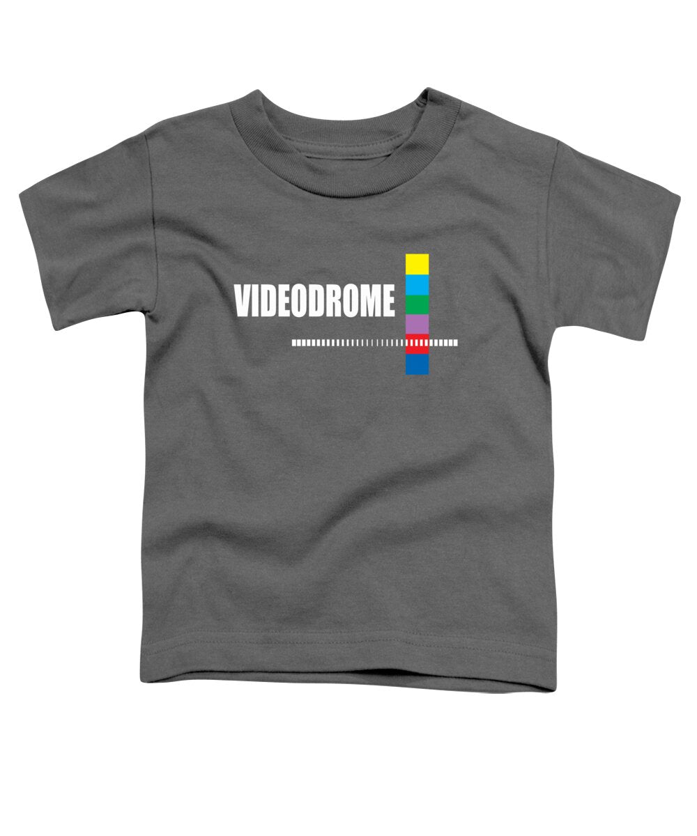 Toddler T-shirt in charcoal gray with Videodrome logo and multicolor block cross graphic.