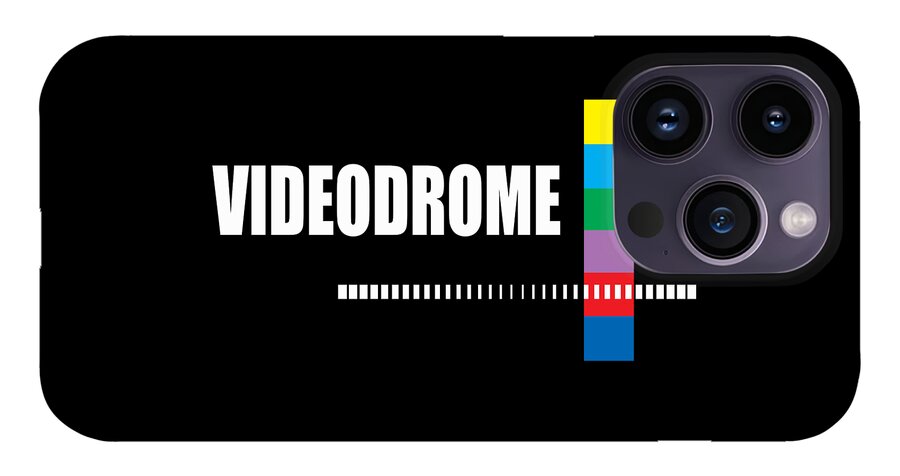 Black phone case with VIDEODROME text, rainbow bars, quad camera cutout.