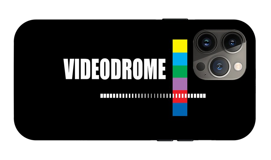 Black phone case with VIDEODROME text, barcode line, and multicolor vertical bar; dual rear cameras visible.