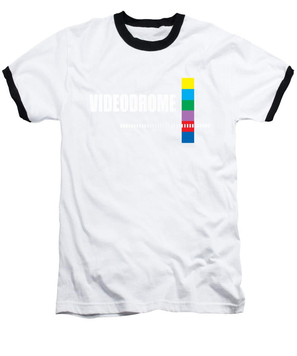 White baseball T-shirt with black raglan sleeves, logo text and vertical color bars
