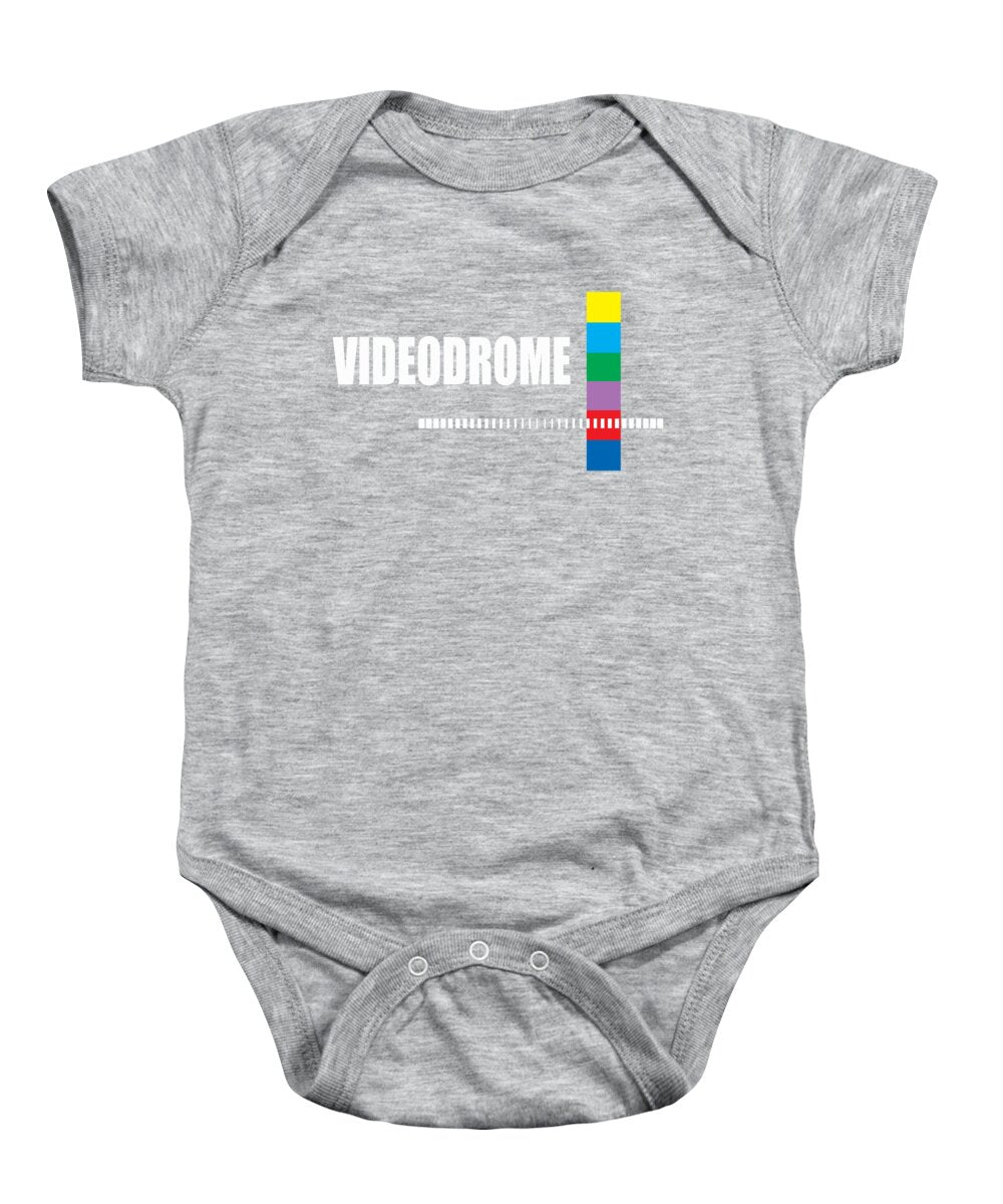 Heather gray baby onesie with Videodrome graphic front and snap bottom