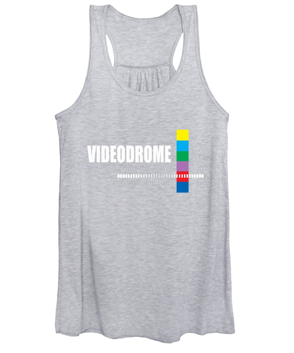 Women's light gray racerback tank top with scoop neckline and front graphic print