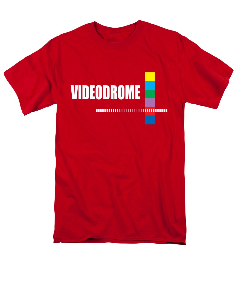 Men's red T-shirt with front Videodrome graphic and multicolor bar emblem