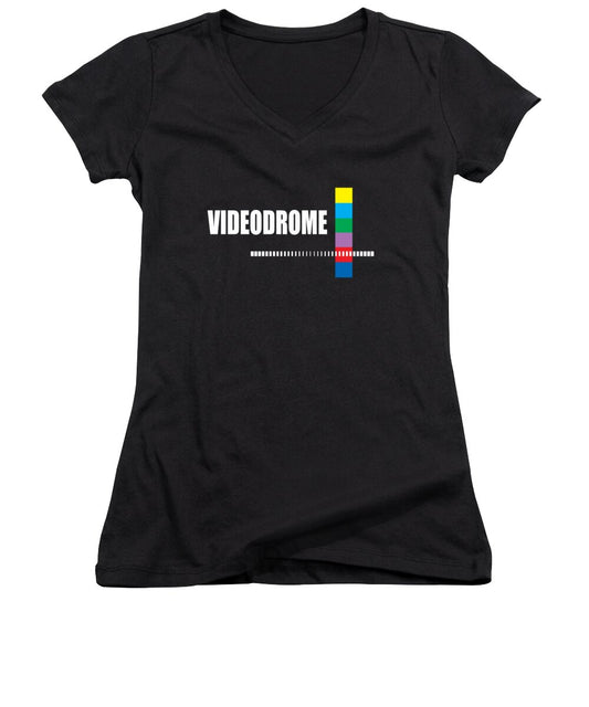 Women's V-neck T-shirt, black, short sleeves, front graphic print