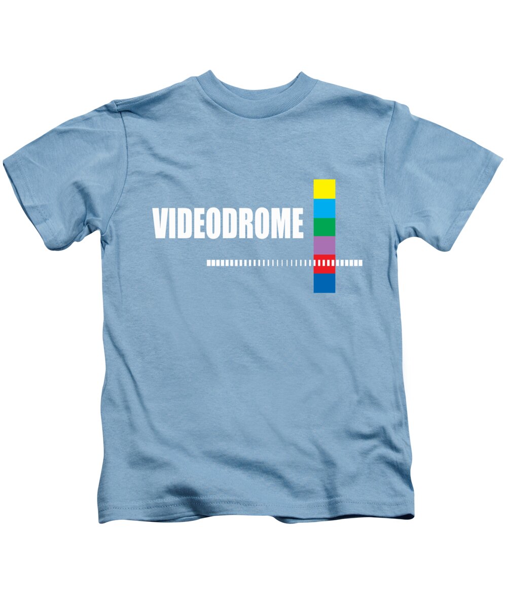 Kids light blue T-shirt with “VIDEODROME” text and multicolor barcode-style graphic