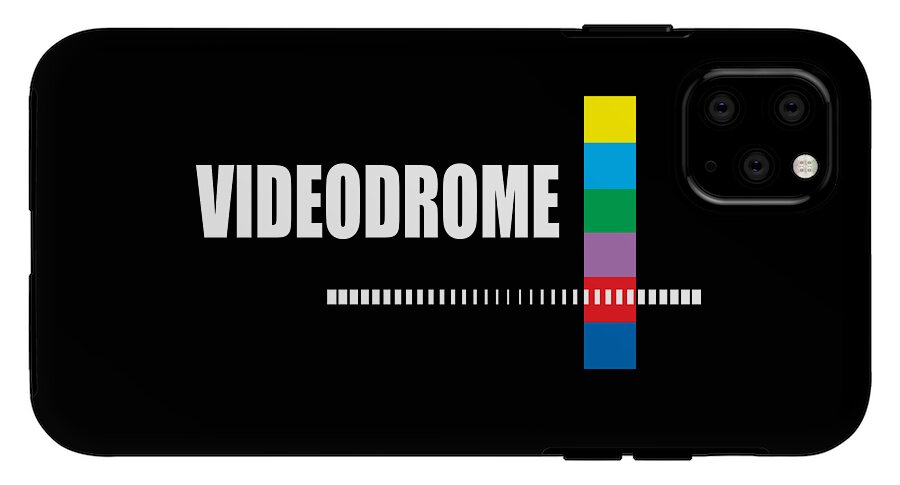 Black phone case with VIDEODROME text, dotted stripe line, and multicolor vertical bar; multi-lens camera cutouts.