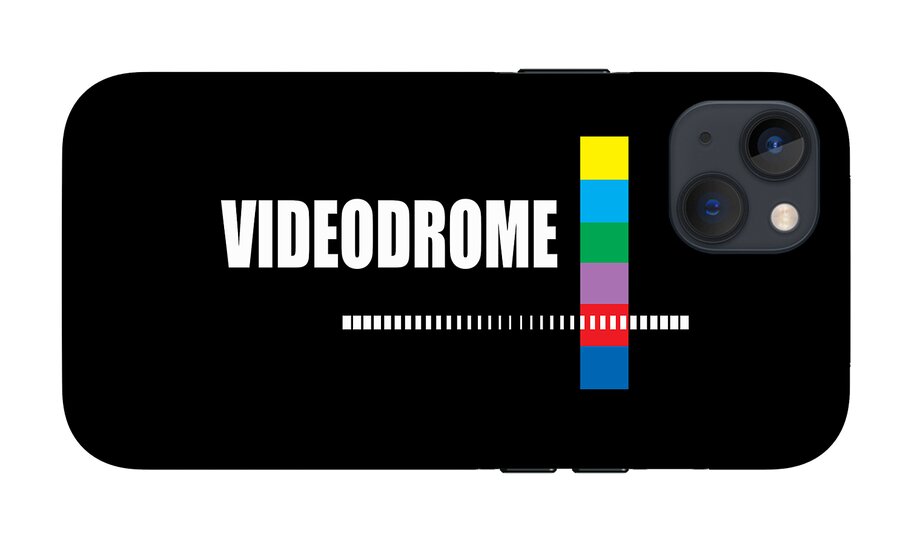 Black phone case with VIDEODROME text, barcode line, and colorful vertical bar; rear camera cutouts.