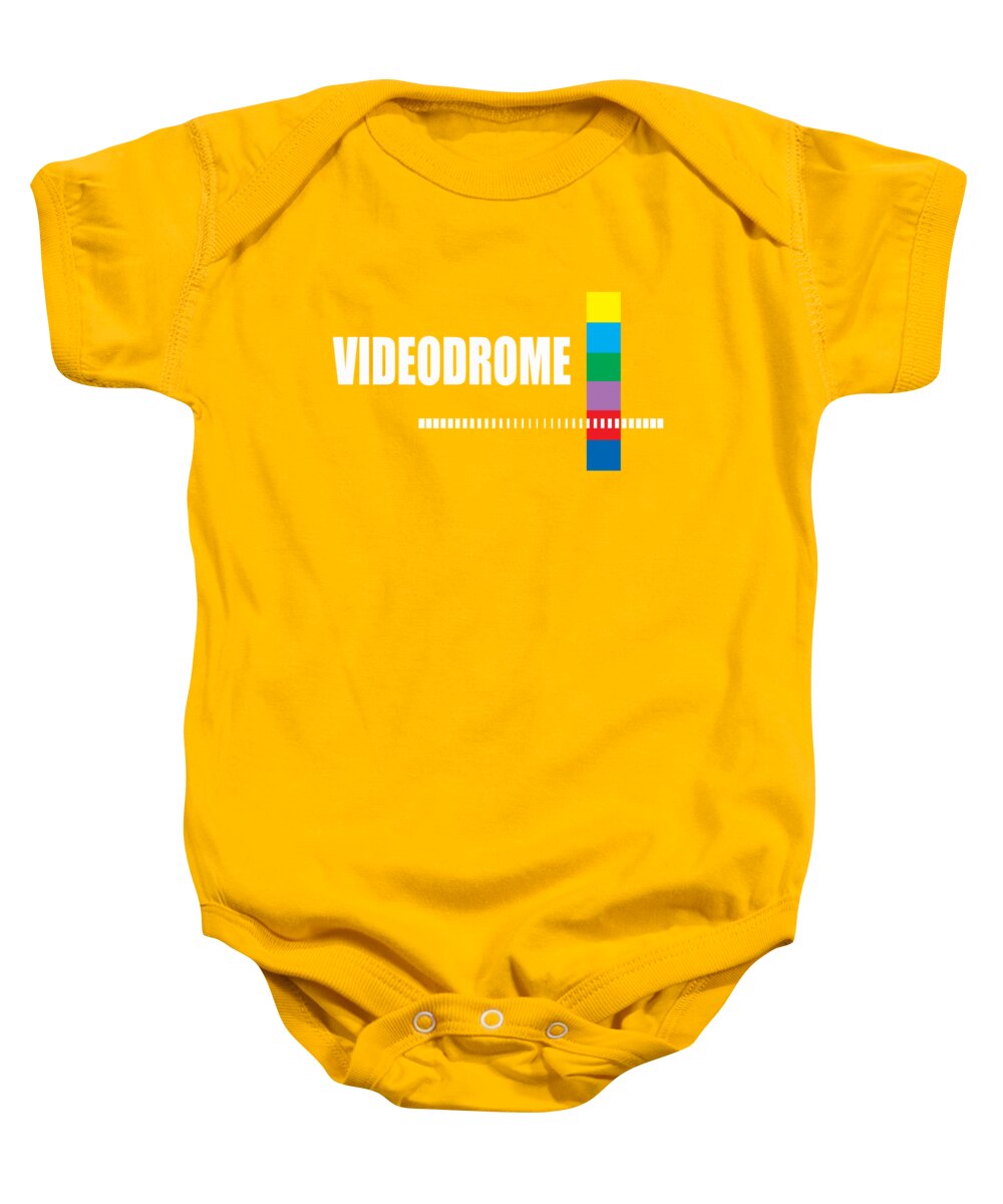 Gold/yellow baby onesie with Videodrome graphic front and snap bottom