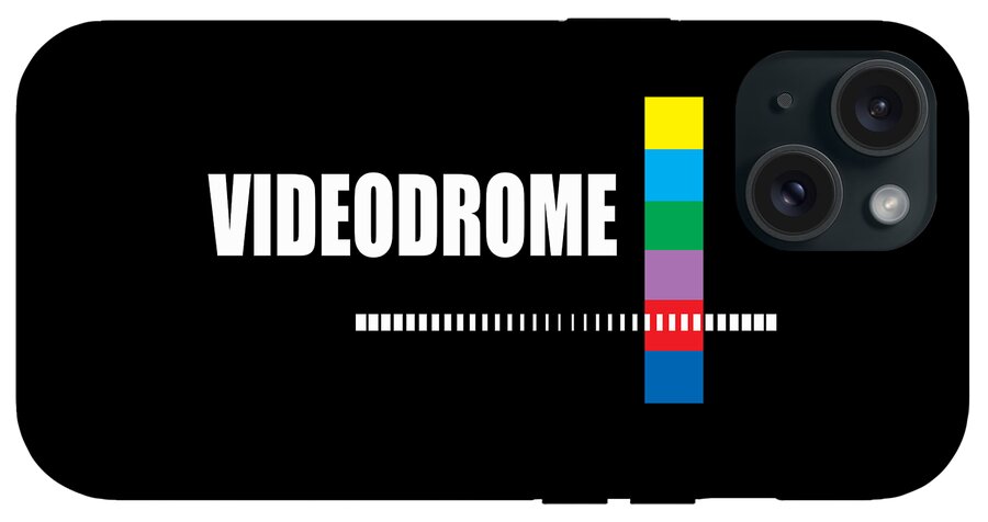 Phone case with “VIDEODROME” text, multicolor stripe, and triple camera cutout
